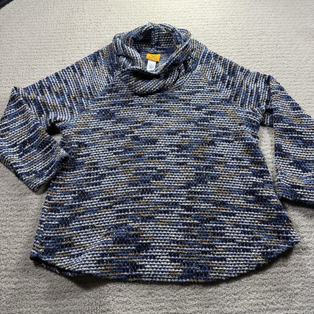 Ruby Rd Womens Cowl Neck Sweater Blue Gold Space Dye Metallic Knit L